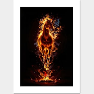 A fiery horse surrounded by flames and smoke Posters and Art